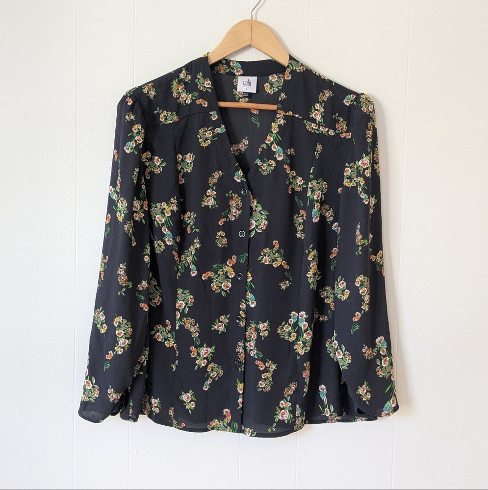 Cabi Ovation Top Black Floral Blouse Sz L Large
